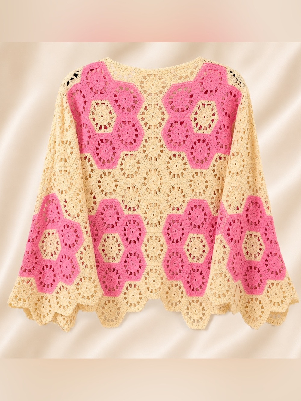 NWT Knitwear 100% Cotton Pink Cream Crochet Cardigan Boho One Size - Picture 3 of 5
